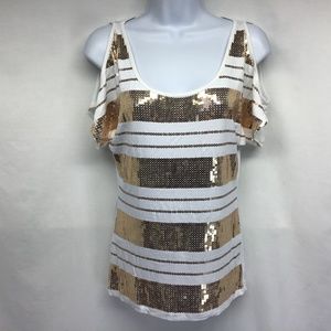 bebe 2b Gold Sequin Open Shoulder Top NEW XS